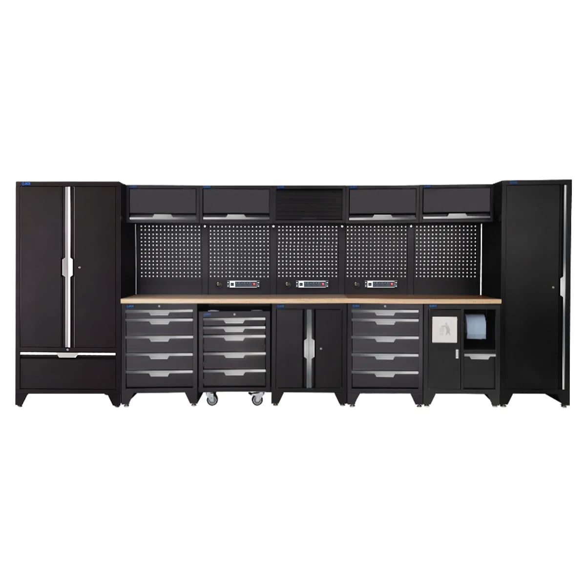 SGS 17pc Garage Storage System | 15 Drawers | Pressed Wood Worktop | Tall Single & Double Cabinet with Drawer | Bin Unit | Floor Cabinet | 5x Upper Cabinets | 3x Pegboards with Power Strip